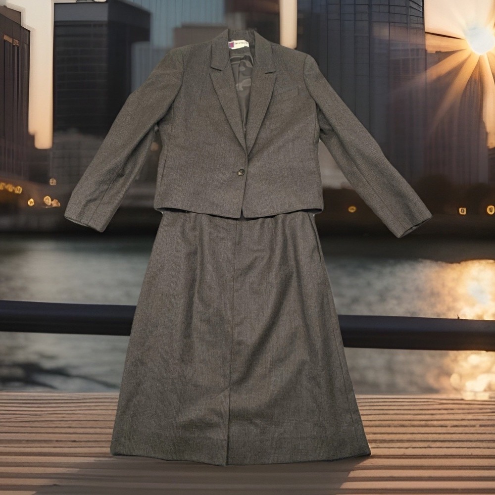 VTG Prophecy Women Wool Skirt Suit 2 PC Set Gray Blazer Pencil Skirt Made In USA